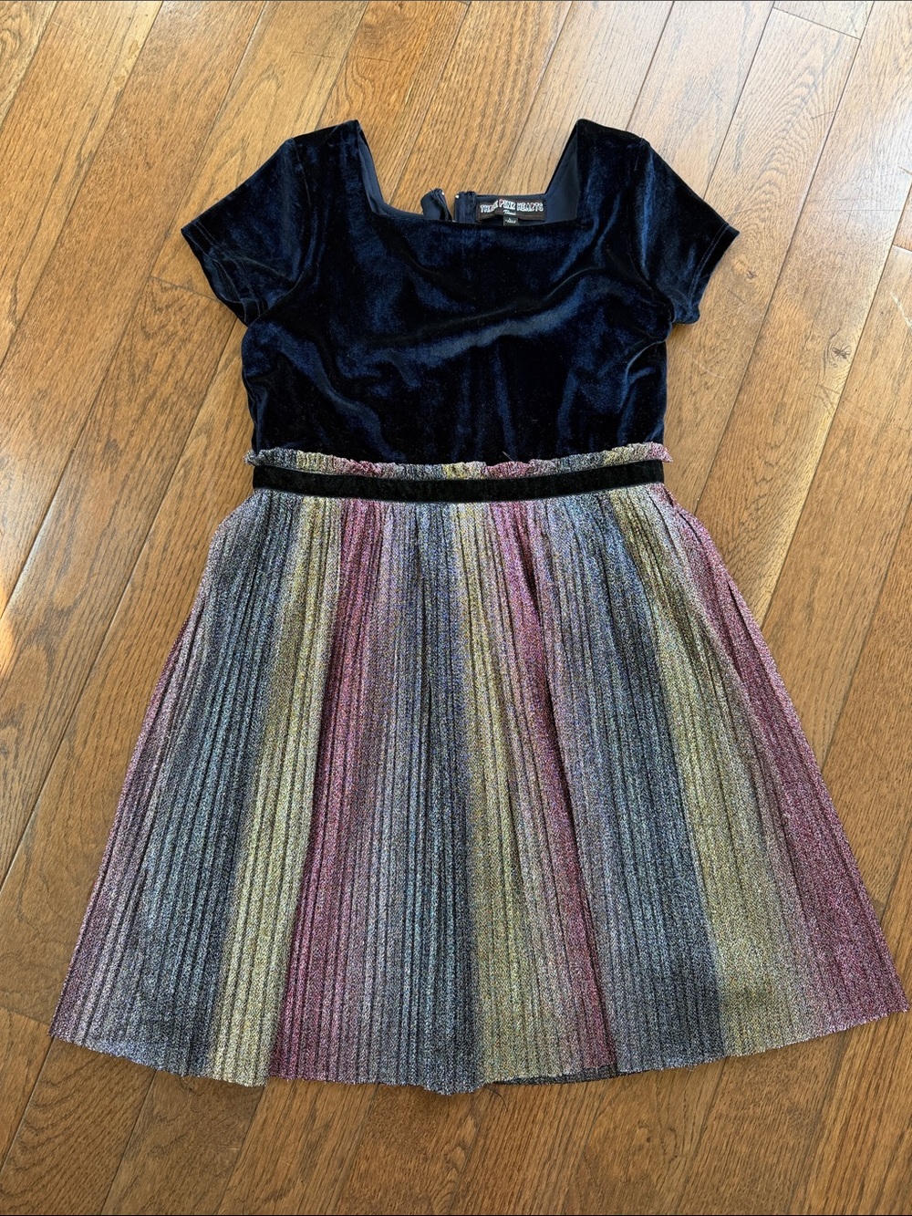 Three pink  Hearts Navy Velvet Top with Multicolor Metallic Pleated Skirt Dress
